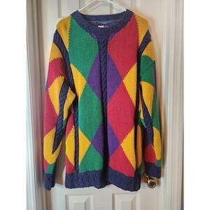 Vintage Tommy Hilfiger Multicolor Argyle Cable Knit Oversized Sweater